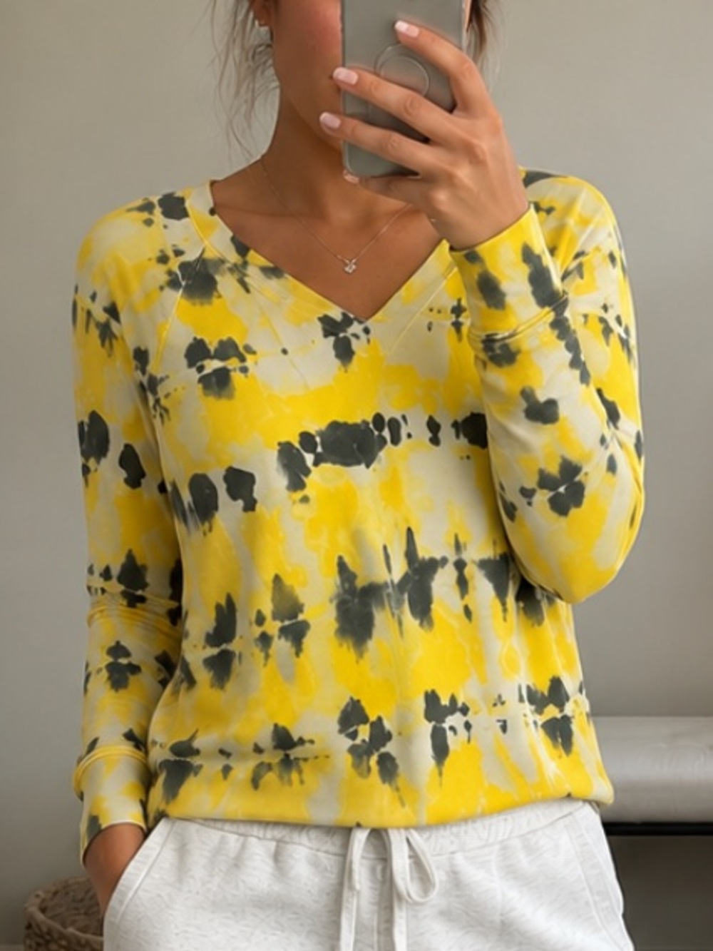 CAbi Yellow and Charcoal Tie-Dye V-Neck Top